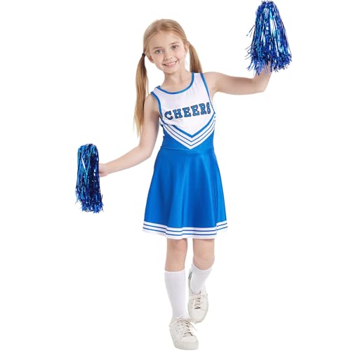 Kinder faschingskostüme mädchen, Cheerleader Kostüm Kinder - Ärmellos Ballerina Kostüm Cheerleader Mädchen Kinder Cheer Outfit mit Pompoms Für Karneval Halloween Fasching Blau von SKFLABOOF