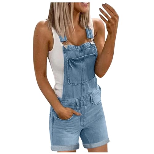 Latzhose Damen Kurz Jeans Jumpsuit Damen Sommer Work Overall Lässig Verstellbare Träger Bequeme Hose Baggy Jeans mit Taschen Hellblau 5XL von SKFLABOOF