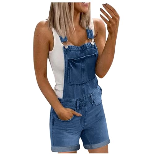 Latzhose Damen Kurz mit Taschen Weite Hose Baggy Jeans Jumpsuit Damen Lässig Sommer Work Overall Verstellbare Träger Bequeme Hose Dunkelblau XL von SKFLABOOF