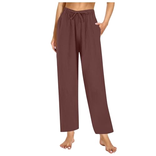 Leichte Dünne Sommerhose Damen | Sommerhosen Leicht Und Luftig Schlupfhose Stoffhose 7/8 Plissee Musselin Hose Schlabberhose Strandhose Damen 3/4 Schlupfhose Sommer Lang (001 Sg_Kaffee, XXL) von SKFLABOOF