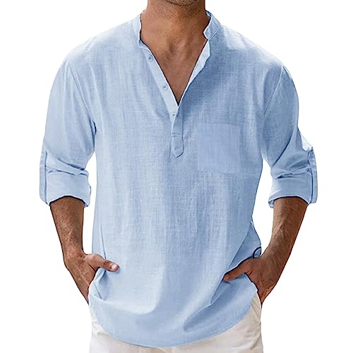 Leinenhemd Herren Sommer Hemd Leinenhemd Freizeithemd Leinen Stehkragen Hemden Strandhemd Langarm Hippie Männer Hemd Herrenhemden Leinen-Shirt Blau M von SKFLABOOF