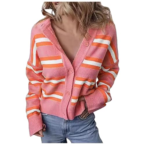 Long Cardigan Damen Elegant Fall Cardigan Strickmantel Trachten Strickjacke Oversize Langarm Kurz Strickweste Strickcardigan Feinstrickjacke Rosa XL von SKFLABOOF