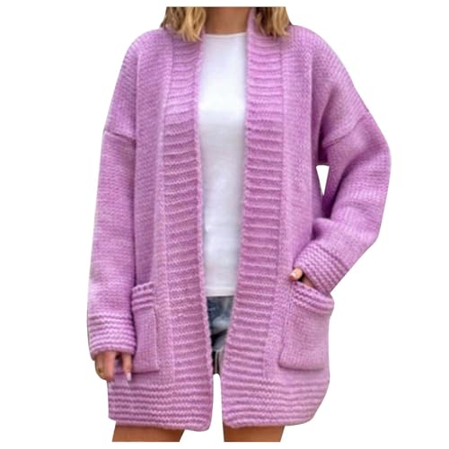 Long Cardigan Damen Kurz Casual Strickweste Grobstrickjacke Strick Pullover Locker Winter Grobstrick Strickmantel Strickcardigan Cardigan Lila S von SKFLABOOF