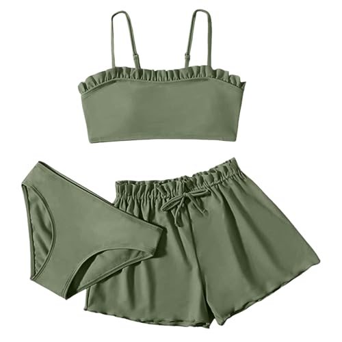 Mädchen Bikini Set | 3-teilige Einfarbig Rüschen Badeanzüge für Mädchen Tank Top + Shorts +Slips Kinder Badeanzug Schwimmanzug (001a AG, 160) von SKFLABOOF