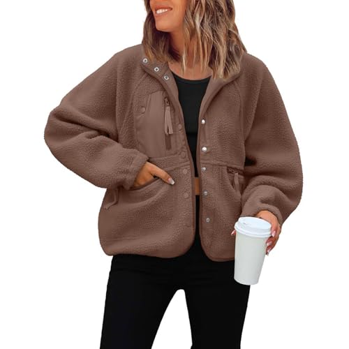 Mantel Damen Sale, Teddy Damen Jacke Winterjacke Warm Plüschjacke Hemdjacke Mantel Winter Wolle Teddyfleece Fleecejacke Fleecemantel Coffee, L von SKFLABOOF