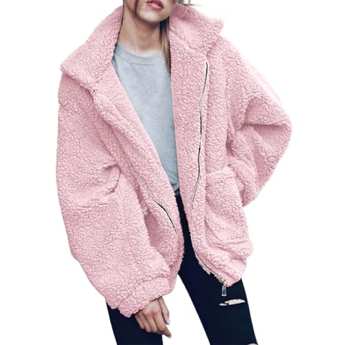 Mantel Damen Sale, Teddyfleece Jacke Damen Teddyjacke Damenmantel Für Den Übergang Plüschjacke Teddy Kuschel Fleece Fleecejacke Hemdjacke Rosa, L von SKFLABOOF