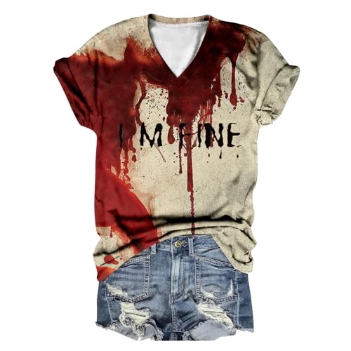 Meine bestellungen, I'm Fine Tshirt Halloween T-Shirt Horror Shirt mit Blut Kurzarm Blutspritzer-Shirt Rundhals/V Ausschnitt Blutiges Kostüm Damen Blusen 001f Schwarz S von SKFLABOOF