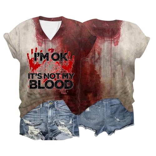 Meine bestellungen anzeigen, hässlich Problem gelöst I'm Fine Tshirt Halloween T-Shirt Horror Shirt mit Blut Kurzarm Blutspritzer-Shirt Rundhals/V Ausschnitt Blutiges T-Shirt 001r Wassermelonenrot XL von SKFLABOOF