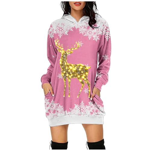 Meine bestellungen anzeigen 2024, Kleid Damen Weihnachten Ugly Christmas Sweater Pullover Jumper Weihnachtsoutfit Weihnachtskostüm Kapuzenpullover Lang Rosa, M von SKFLABOOF