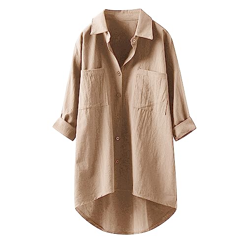 Meine bestellungen anzeigen 2024, Leinenhemd Damen - Musselin Bluse mit Knopfleiste Oberteile Tunika Langarm Lange Elegant Longshirt Longbluse Leinenbluse Damen Oversized 011K Khaki, XXL von SKFLABOOF