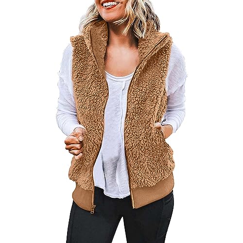 Meine bestellungen anzeigen 2024, Teddywesten Damen Teddy Weste Waistcoat Fleece Teddyfell Jacke Ärmellose Fleeceweste Outdoor Fall Fashion Damenweste Coffee, XXL von SKFLABOOF