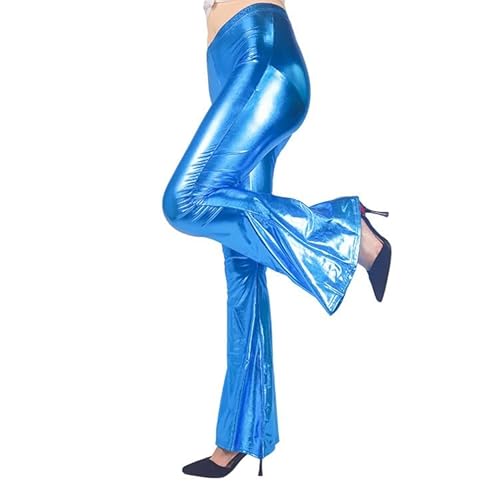 Metallic Glitzer Hose Damen - Lack Sportleggings Silvester 70er Leggings Latex Stretch Jahre Outfit Lang Helle Bleistifthose Sexy Blickdicht Tanzhosen Disco Schlaghose Hellblau XL von SKFLABOOF