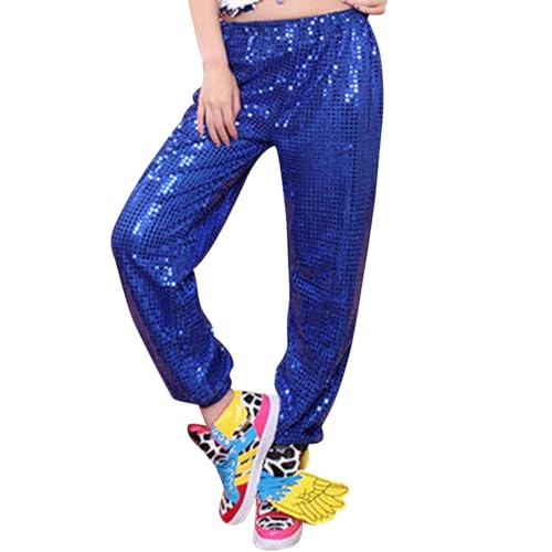 Metallic Glitzer Hose Damen - Weite Bein Palazzo Hosen Latex Helle Bleistifthose Silvester 70er Lack Leggings Sexy Stretch Blickdicht Tanzhosen Lang Jahre Outfit Sportleggings Rave Disco Blau XXL von SKFLABOOF