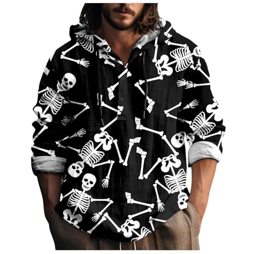 Outdoor Hemd, Halloween Kostüm Herren Gruselig - Horror Leinenhemd Schläger Musselin Sommerhemd Longsleeve Baumwolle Henley Knöpfe Langarmshirt mit Kapuze Leinen Hemd Herren Schwarz, M von SKFLABOOF