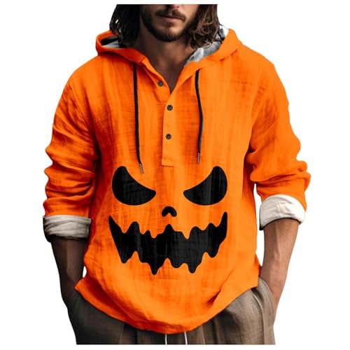 Outdoor Hemd, Halloween Kostüm Herren Gruselig - Kürbis Leinenhemd Musselin Hemd Sommerhemd Horror Tshirt Longsleeve Baumwolle Henley Langarmshirt mit Kapuze Leinen Hemd Herren Gold, XL von SKFLABOOF