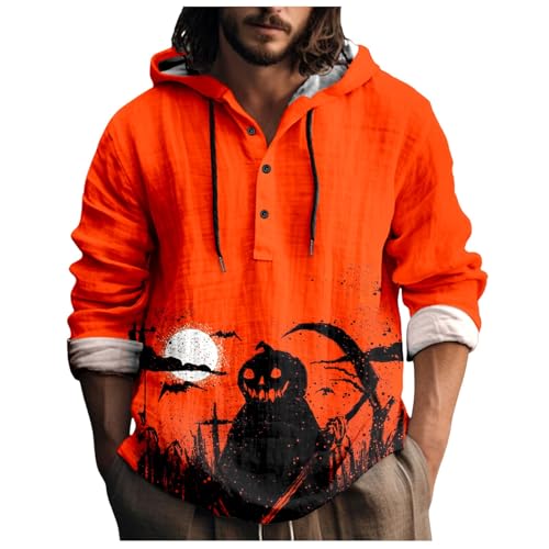 Outdoor Hemd, Halloween Kostüm Herren Gruselig - Schläger Leinenhemd Musselin Sommerhemd Ausgefallene Longsleeve Henley Knöpfe Langarmshirt mit Kapuze Leinen Hemd Herren Orange, M von SKFLABOOF