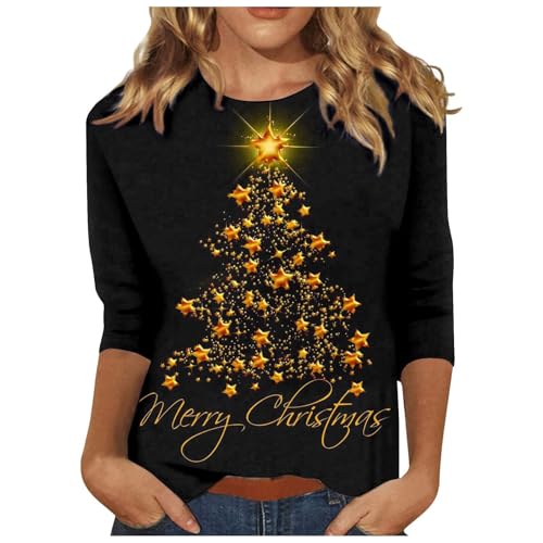 Outlet Angebote, Weihnachtsshirt Damen Shirt 3/4 Arm Weihnachtspullover Pullover Weihnachten Kleid Weihnachtskleidung Hässlich 3/4arm Shirts Gold, L von SKFLABOOF