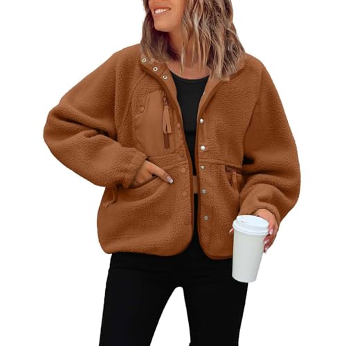 Prime Angebote, Teddyjacke Damen Winter Wollmantel Herbstmantel Teddy Strickjacke Kuschelige Jacke Fleecejacke Hemdjacke Warm Braun, XXL von SKFLABOOF