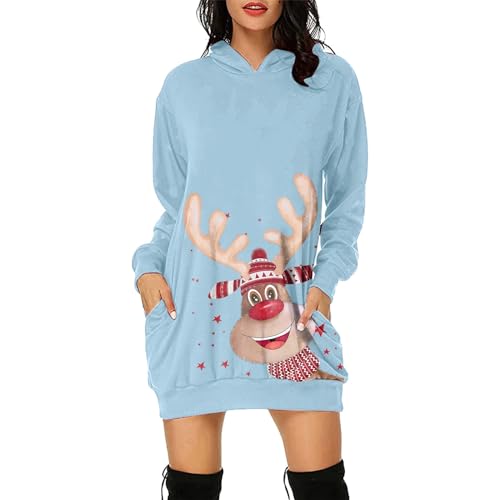 Prime Angebote, Weihnachtskleid Damen Lustig Christmas Sweater Weihnachten Kleid Pullover Kleidung Sweatshirt Weihnachtsbluse Kostüm Light Blue, XXL von SKFLABOOF