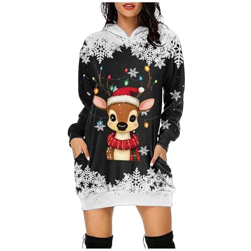 Prime Deals Days 2024, Kleid Weihnachten Weihnachtsoutfit Christmas Sweater Damen Weihnachtsfeier Weihnachtsbluse Kapuzenpullover Lang Schwarz, M von SKFLABOOF