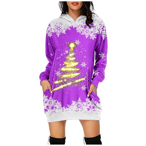 Prime Deals Days Angebote, Weihnachtskleidung Ugly Christmas Sweater Damen Weihnachten Kostüm Pullover Kleid Sweatkleid Lang Hoodie Winter Kleider Lila, L von SKFLABOOF