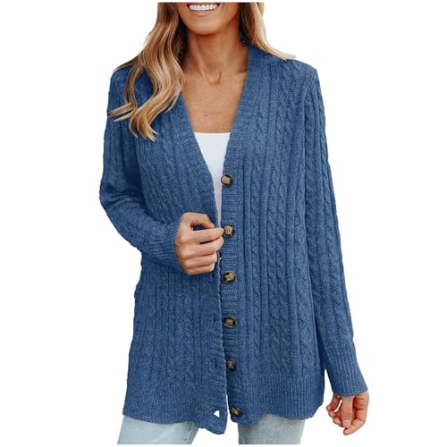 Pullover Damen Herbst Elegant Elegant Kurz Cardigan Strickmantel Strickjacke Grobstrick Casual Langarm Locker Grobstrickjacke Feinstrickjacke Strickcardigan Blau XXL von SKFLABOOF