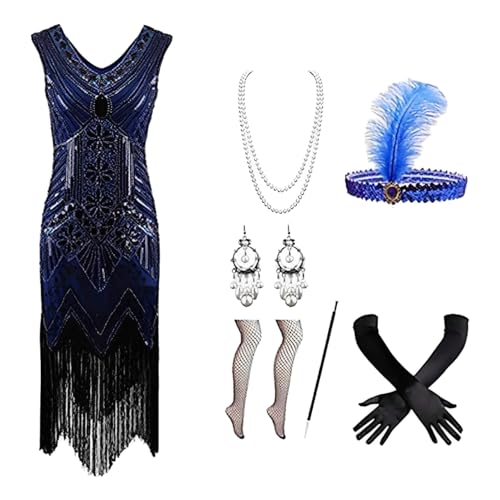 SKFLABOOF 20er Jahre Kostüm Damen mit V-Ausschnitt, Faschingskostüme Damen, Party Outfit Damen, Karneval Kostüm Damen, Charleston Kleid 20er Jahre, Gatsby Kleid Damen, Fransenkleid Blau XL von SKFLABOOF