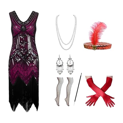 SKFLABOOF 20er Jahre Kostüm Damen mit V-Ausschnitt, Faschingskostüme Damen, Party Outfit Damen, Karneval Kostüm Damen, Charleston Kleid 20er Jahre, Gatsby Kleid Damen, Fransenkleid Heißes Rosa S von SKFLABOOF