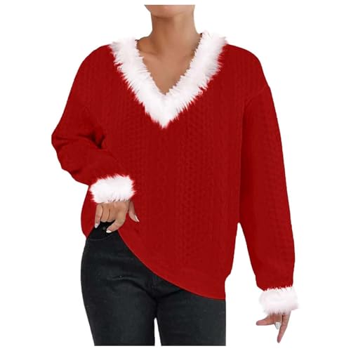 SKFLABOOF Black Friday Angebote, Langarm Weihnachtspullover Damen Weihnachts Sweatshirt Weihnachten Flauschige V-Ausschnitt Christmas Pullover Herren Hässlich Weihnachtspulli Damen Lustig 001h Rot, S von SKFLABOOF