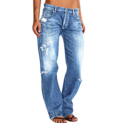 SKFLABOOF Boyfriend Jeans Damen | Highwaist Jeanshosen Für Low Waist Y2k Hiphop Weite, Leichte Sommerhose Weite Hosen Sommer Lässige Breite Schlupfhose Cargohose Bauchweg-Jeans Sommerjeans (Blau, XL) von SKFLABOOF