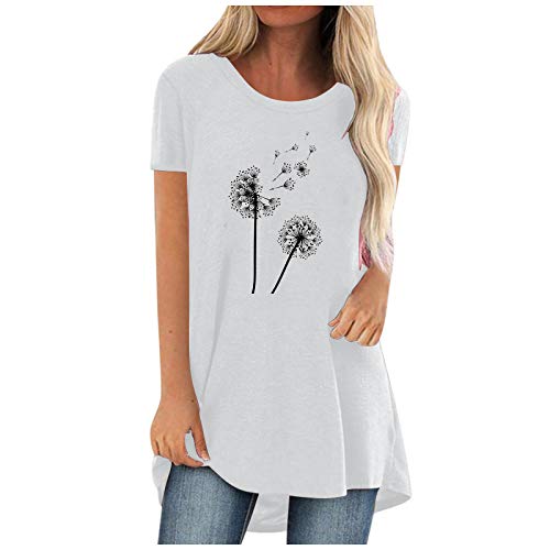 SKFLABOOF Damenmode Kurzarm T-Shirt Tunika Damen Sommer Longshirt Pusteblume Blume Katze Bedruckte Tshirts Rundhals Tops Oberteile Lässig Langtop von SKFLABOOF