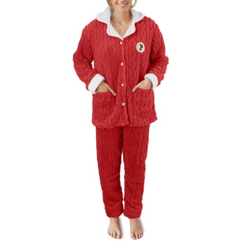 SKFLABOOF Deals of The Day, Damen Schlafanzug Winter Kuschelhose Flauschig Hausanzug Schlafanzugoberteile Für Lang Schlafanzüge Fleece Herren Rot, XL von SKFLABOOF