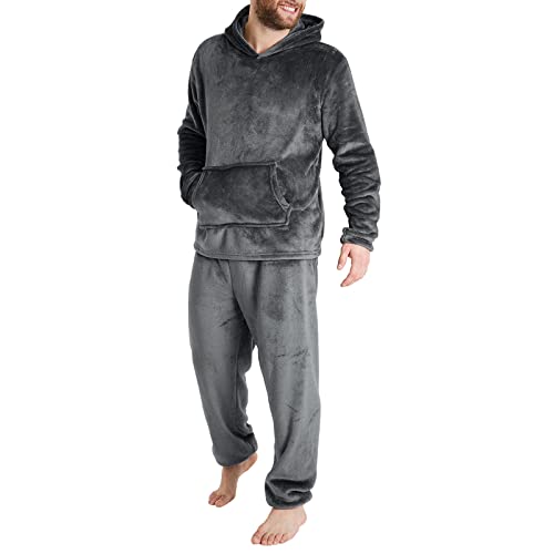 SKFLABOOF Herren Schlafanzug Geschenk Weihnachten Flanell Hausanzug Winter Einfarbig Pyjama Set Langarm Zweiteiliger Schlafanzug Geschenk Weihnachten Dunkelgrau 3XL von SKFLABOOF