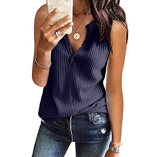 SKFLABOOF Kurzarm Bluse Damen Sommer Elegant V-Ausschnitte Oberteile Tunika Top aus Waffelstrick Einfarbig T-Shirts Sommershirts Henley Loses Hemd Damenblusen 00b Marine XXL von SKFLABOOF