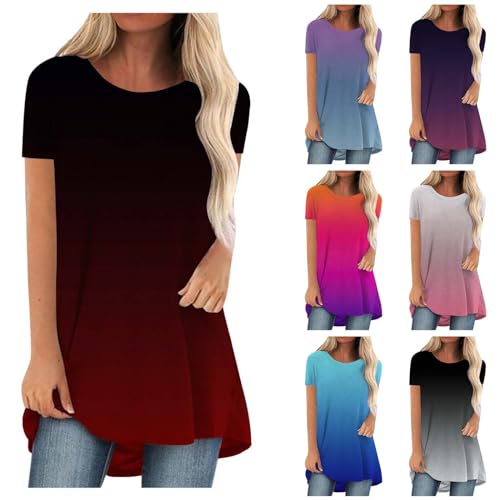 SKFLABOOF Longshirt Damen Rundhals Kurzarm Oversize Tshirt Tunika Einfarbig Basic Shirt Long Bluse Tops Italienische Mode Longpullover Longbluse Damen Lässig für Leggings 02 Rot,L von SKFLABOOF