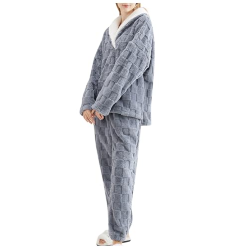 SKFLABOOF Pyjama Damen Kuschelig Nachtwäsche Frottee Schlafanzug Fleece Homewear Warmer Flanell Pyjama Hausanzug Marine XXL von SKFLABOOF