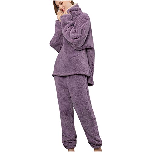 SKFLABOOF Pyjama Damen Winter Nachtwäsche Flanell Pyjama Elegant Frottee Schlafanzug Warmer Homewear Hausanzug 00b Lila XL von SKFLABOOF