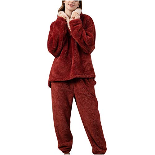 SKFLABOOF Pyjama Damen Winter Nachtwäsche Flanell Pyjama Fleece Frottee Schlafanzug Kuschelig Homewear Hausanzug 00b Wein XL von SKFLABOOF