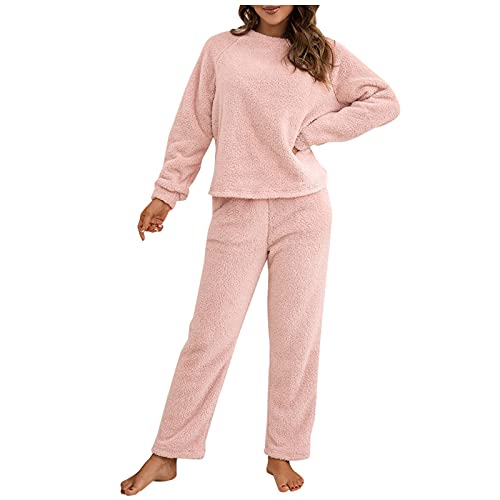 SKFLABOOF Schlafanzug Damen Lang Elegant Frottee Schlafanzug Homewear Fleece Nachtwäsche Warmer Hausanzug Flanell Pyjama Rosa L von SKFLABOOF