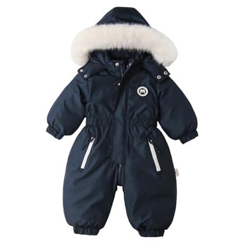 SKFLABOOF Schneeanzug Kinder Warm Winteranzug Verdickt Mit Kapuze Schneeoverall Skianzug Kinder 2 Teilig Marine 12-18 Monate von SKFLABOOF