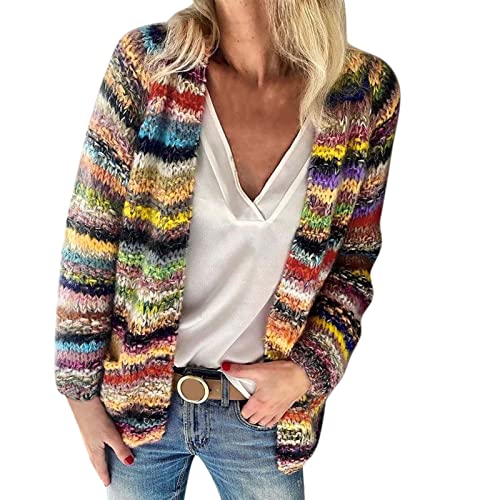 SKFLABOOF Strickjacke Damen Langarm Casual Strickjacke Übergangsjacke Gestreiftes Patchwork Lang Strickmantel Cardigan Leichte Mode Bequem Herbst Winter Longstrickjacke Longjacke Strickjacken von SKFLABOOF