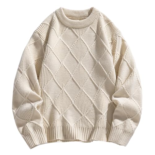 SKFLABOOF Strickpullover Herren Rundrals Winterpullover Pullover Herren Ohne Kapuze Arbeitspullover Grobstrickpullover Baumwolle Sweater Herrenpullover Beige L von SKFLABOOF