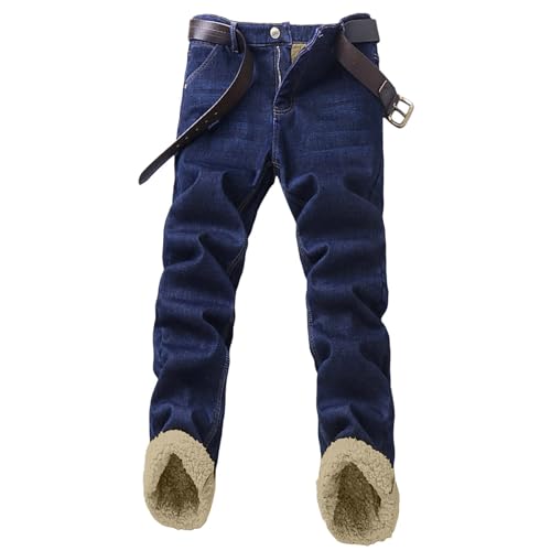 SKFLABOOF Thermohose Herren Winter Casual Thermojeans Fleecehose Fleece Thermounterwäsche Einfarbig Wanderhose Arbeitshosen Männer Dunkelblau 30 von SKFLABOOF