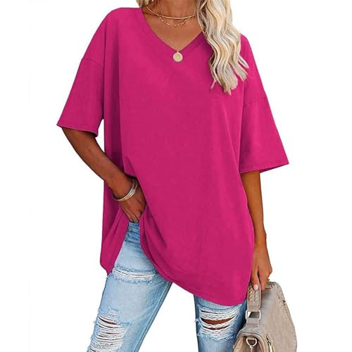 SKFLABOOF Tunika Tshirt Damen Oversize T Shirt mit V-Ausschnitt Italienische Mode Rotes Batik Basic T-Shirt Sommer Bluse Tops Oberteile Damen Bekleidung von SKFLABOOF