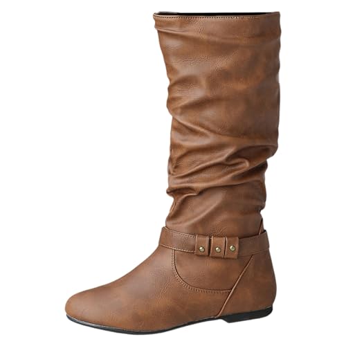 SKFLABOOF Winterstiefel Damen Weitschaftstiefel Flache Stiefel Knee High Boots Plateau Stiefel Elegant Chelsea Boots Braun 38 von SKFLABOOF