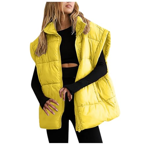 Sale Angebote, Puffer Jacket Steppweste Damen Kurze Weste Dünne Leicht Damenwesten Ärmellos Leichte Ärmellose Jacke Daunenweste Gelb, M von SKFLABOOF