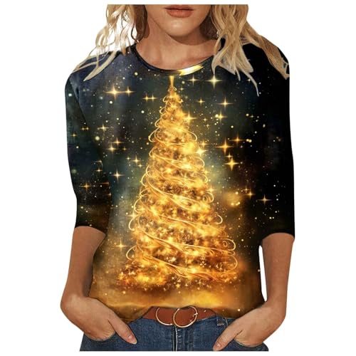 Sale Damenbekleidung, Weihnachtsshirt Damen Weihnachtspullover Weihnachten Pullover Damenshirts Lässig 3/4 Arm Shirt 3/4arm Dreiviertelarm Gold, XXL von SKFLABOOF