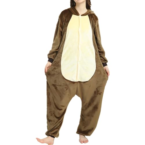 Schlafanzug Damen Kuschelig Jumpsuit Plüsch Pyjama Lang Fleece Einteiler Pyjama für Damen Herren Lustig Karneval Kostüm 00b Braun L von SKFLABOOF