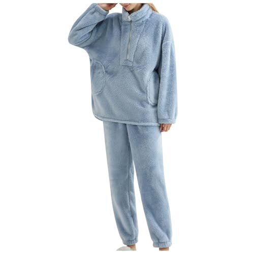 Schlafanzug Damen Lang Fleece Hausanzug Nachtwäsche Winter Homewear Warmer Flanell Pyjama Frottee Schlafanzug Hellblau M von SKFLABOOF