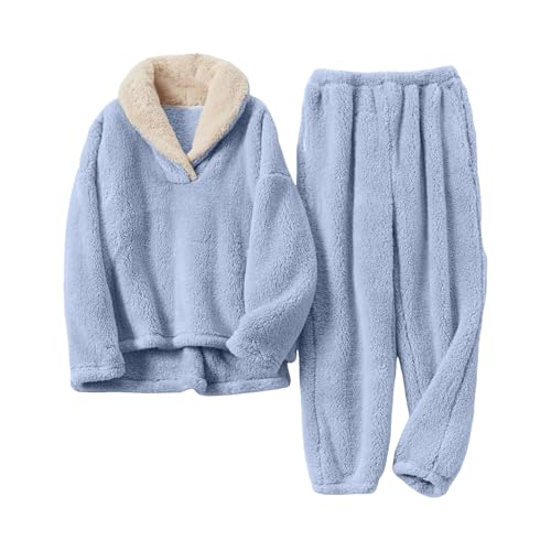 Schlafanzug Damen Lang Pyjama Hausanzug Damen Lounge Sethausanzug Damen Kuschelig Weihnachts Pyjama Loungewear Damen Set Frottee Schlafanzug Damen Blau XL von SKFLABOOF